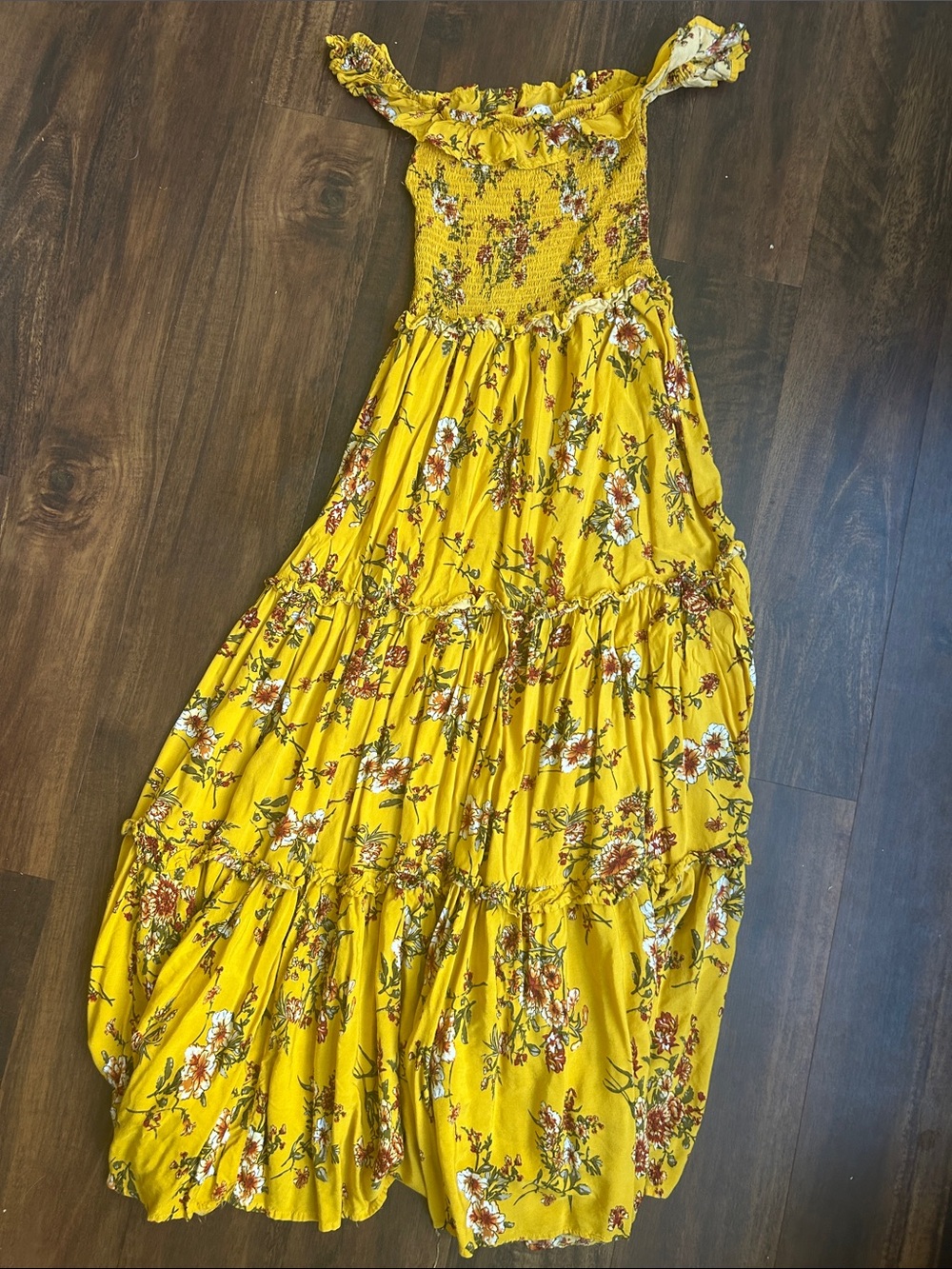 Yellow Floral Maxi Dress - Smocked Bodice